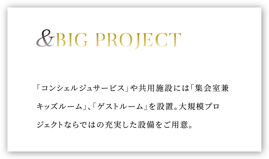 &BIG PROJECT「コンシェルジュサービス」や共用施設には「集会室兼キッズルーム」、「ゲストルーム」を設置。大規模プロジェクトならではの充実した設備をご用意。
