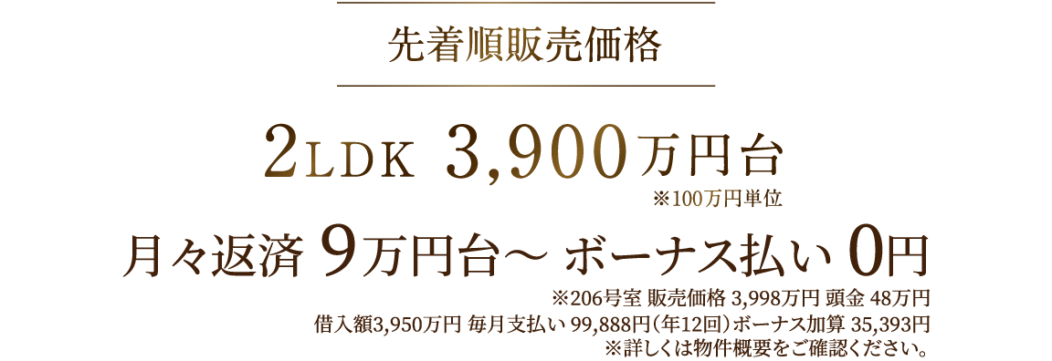 先着順販売価格 2LDK 3900万円台 返済例　月々返済9万円台〜 ボーナス払い0円　※詳しくは物件概要をご確認ください