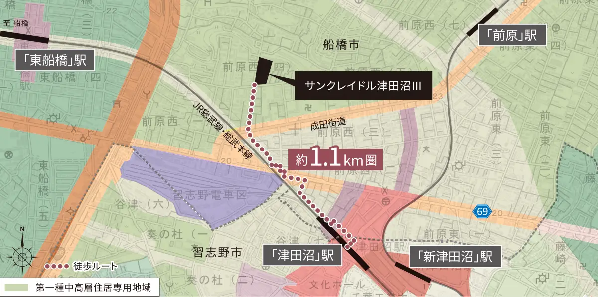 津田沼駅周辺用途地域図 サンクレイドル津田沼Ⅲ周辺は第一種中高層住居専用地域